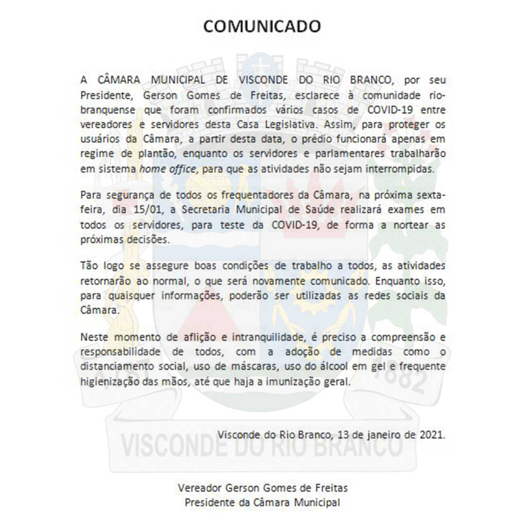 COMUNICADO OFICIAL acerca das atividades da Câmara Municipal.