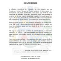 COMUNICADO OFICIAL ACERCA DAS ATIVIDADES NA CÂMARA DOS VEREADORES