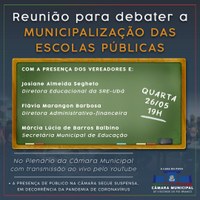 Câmara promoverá reunião com membros da educação para debater a Municipalização das escolas públicas