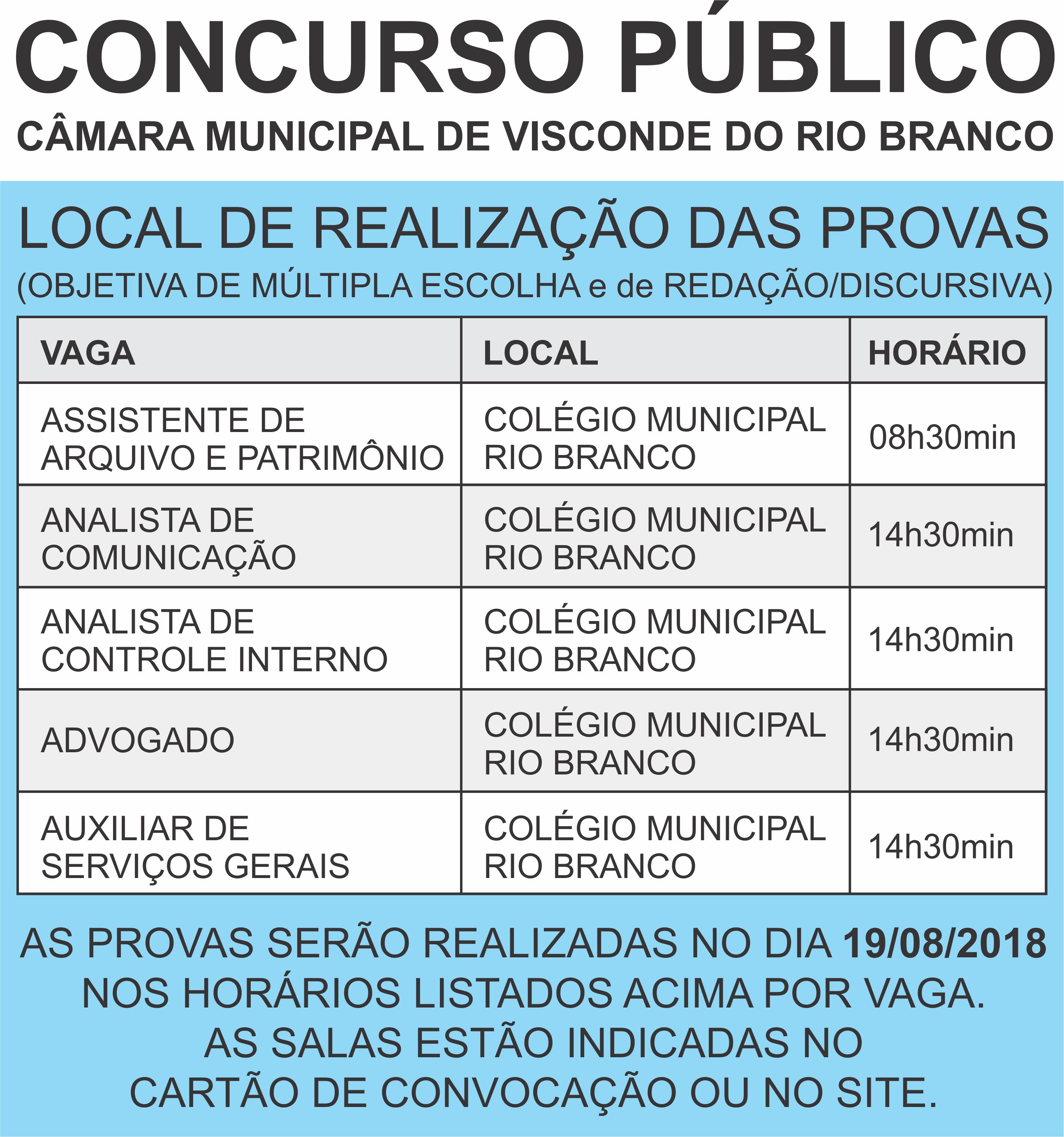 Definidos local e horário provas Concurso